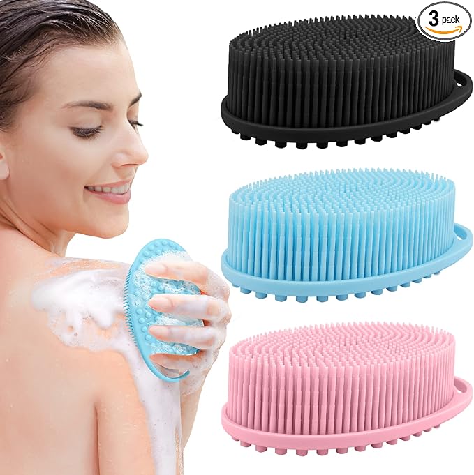 PQRUU 3 Pack Silicone Body Scrubber, Exfoliating Soft Loofah Bath Body Scrubbers for Use in Shower, Exfoliating Body Scrubber Fit for All Kinds of Skin, Rapid Foaming Black+Blue+Pink