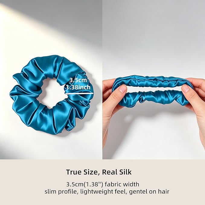 ZLYC 100% Mulberry Silk Scrunchie 19 Momme Gentle Creaseless Hair Tie for Women Dent-Free Ponytail Holder, 3.5cm Solid Peacock Blue