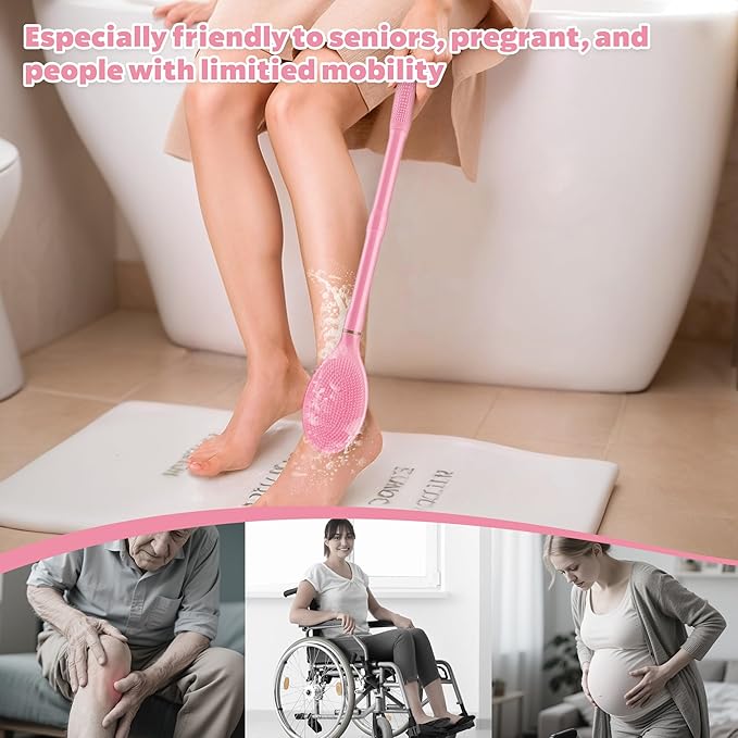 Foot Brush & Back Scrubber Set, 27.5'' Adjustable Foot Scrubber for Shower, 18.9'' Shower Back Scrubber with 3-Length Usage, Great Aid for People with Limited Mobility(Pink Set)