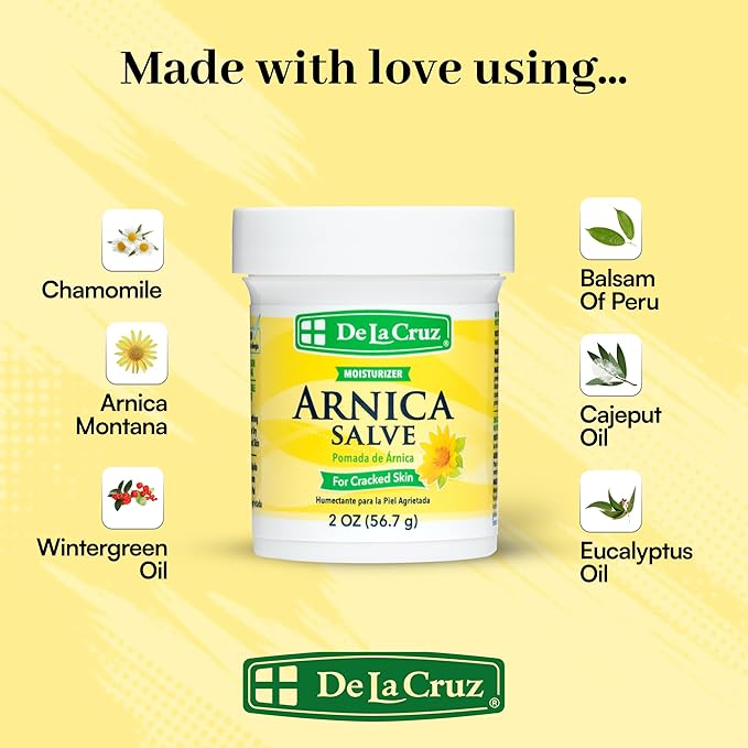 De La Cruz Arnica Salve Foot Care Cream for Dry Cracked Heels & Feet, Skin Care, Hand Salve, 24 Hour Moisture Balm - 2 OZ (6 Pack)