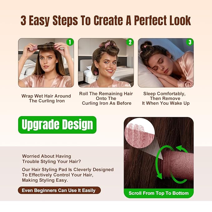 Overnight Heatless Hair Curler, Upgraded with Hair Pad Grippers Satin Jumbo Flexi Blowout Curls Rods, 3pcs No-Heat Styling Tools Curling Rod to Sleep in for All Hair Types - Dark Pink