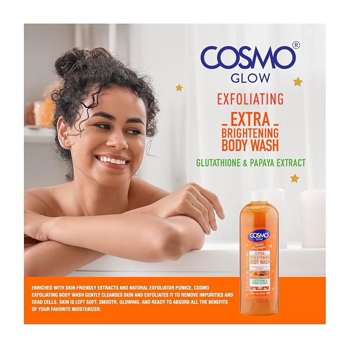 Cosmo Glow Gluta Papaya Extra Brightening Exfoliating Body Wash 1000ml/33.8fl.oz, Made With Glutathione & Papaya Extract, Skin Care, Moisturizer, Brighten, Hydrate, Shower Gel, Body Scrub