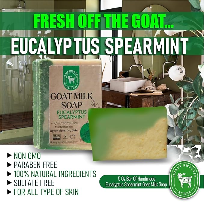 Honey Sweetie Acres 2-Pack Eucalyptus Spearmint Goat Milk Soap - Handmade 5 oz Bar, Made with Natural Ingredients, Moisturizing & Gentle, Made in the USA