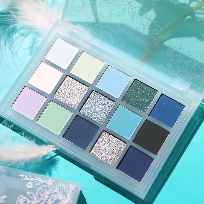 UCANBE 15 Color Eyeshadow Palette – Shimmer Matte Glitter Metallic Cool Tones Shades in White, Blue, Green, Mint, Teal, Navy – High Pigemented Blendable Eye Makeup Palette Kit