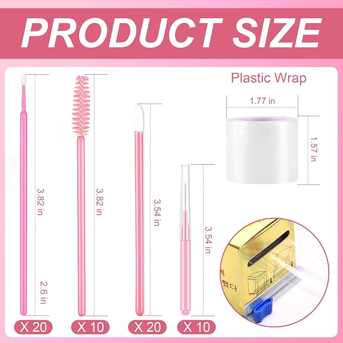 60 Pcs Brow Lamination Supplies Kit with 1 Pack Eyebrow Tattoo Plastic Wrap Disposable Lip Applicators Eyebrow Spoolies Brush Micro Swabs Interdental Brushes for DIY Eyebrow Lift Tint Tools(Pink)