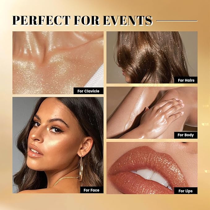 Noerrors 3pcs Body Glitter Spray Set Holographic Liquid Highlighter Glow Shimmer Mist Luminizer Sparkles Shinny Illuminator Multichrome Iridescent Makeup for Hair Body Face -Rose Gold Bronze White