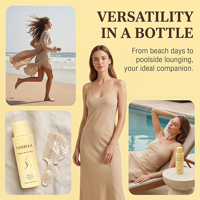 Vanilla Hair and Body Mist, Lightweight Tropical Vanilla Scent, with Vanilla, Coconut, Cacao, Natural & Ocean Scent, Hydrating Mist for Skin & Hair, Long-Lasting Fragrance