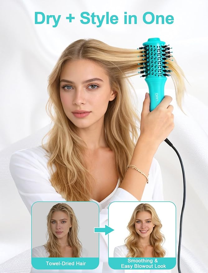 Mini Travel Blow Dryer Brush for Short to Medium Hair, 2 Inch Oval Hot Air Brush with Ceramic Coating, 3 Heat Settings for Smooth, Voluminous Blowouts, 120V(Cyan)