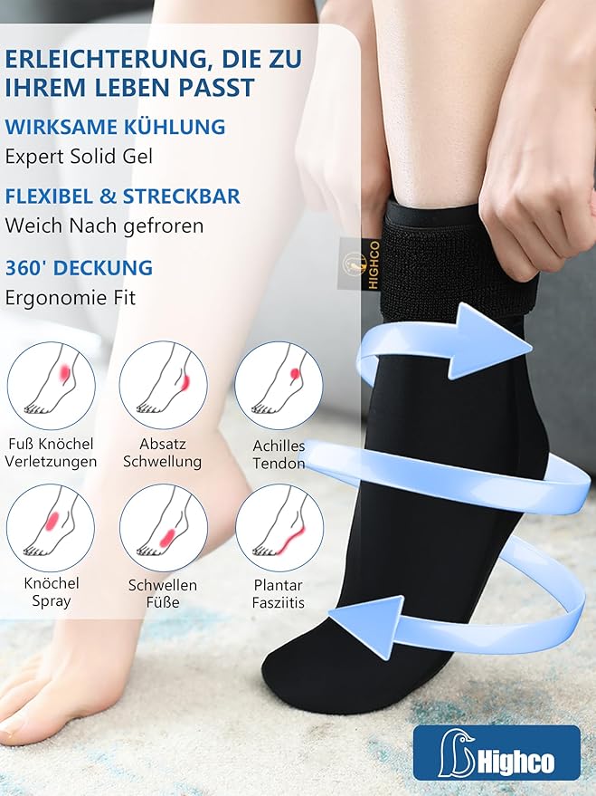 highco Ankle Ice Pack Wrap for Swelling and Injuries Recovery,Reusable Gel Ice Pack for Foot and Ankle,Ice Cold Compression Sock for Foot Heel Wrap,Tendonitis,Plantar Fasciitis,Swelling,Sprained,Black