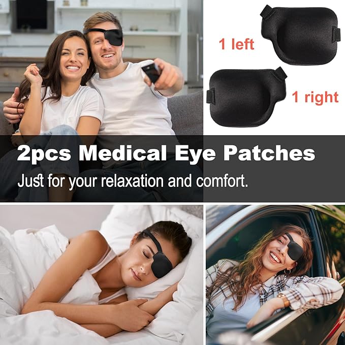 2Pcs 3D Eye Patches for Adults, Adjustable Medical Eyepatch for Lazy Eye, Large Black(Left and Right