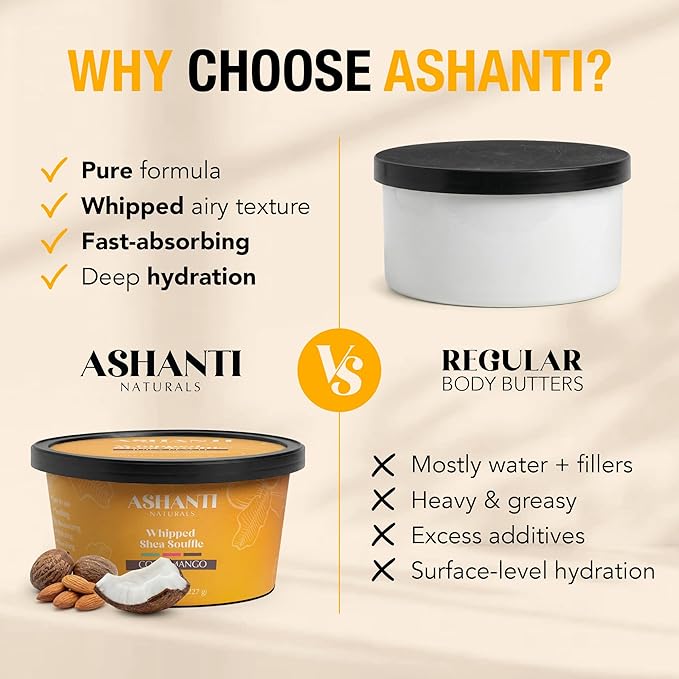 Ashanti Naturals Scented Whipped Shea Butter | African Body Butter for Men w/Coconut and Almond Oil (Coco Mango Souffle, 8 oz)
