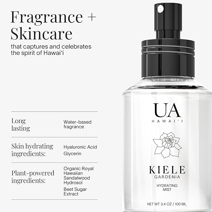 Kiele Gardenia Body and Hair Mist from Hawaii, Hair Perfume for a Light, Hydrating Refresh, Body Mist for Women and Men, Alcohol-Free, With Moisturizing Hyaluronic Acid & Glycerin, 3.4 oz