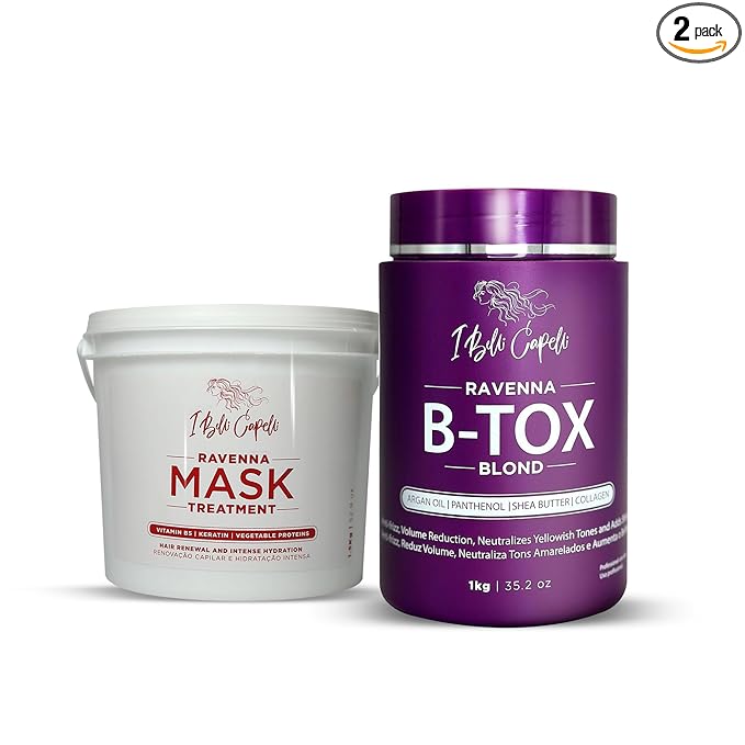 Ravenna B-tox Blond Kit - Hair B-tox Treatment (1 Kg/35.2 Fl Oz) Formaldehyde-Free + Hair Mask for Damaged Hair (1,5 Kg/ 52.9 fl oz) - Straightening, Intense Shine & Moisture for Blondes