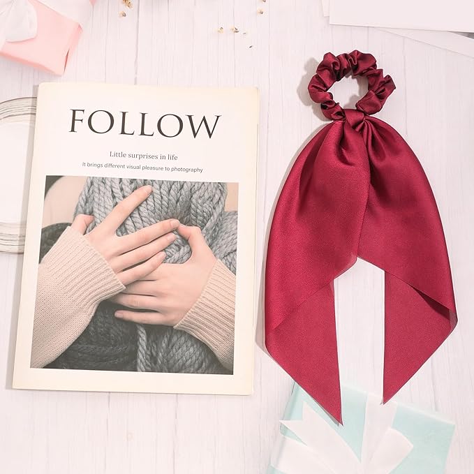 Pack of 2 Knotted Bow Hair Scrunchies Elastic Hair Scarf Hair Ties Bands Satin Hair Ribbon Scrunchy Red Ponytail Holder for Women and Girls, Hair Scarf Scrunchies, Hair Accessories (Burgundy)