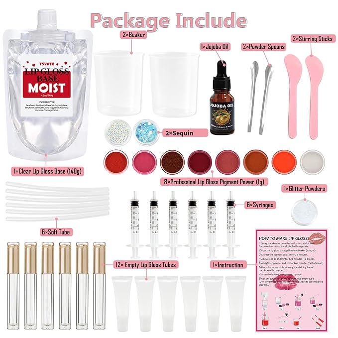 TSVATE Lip Gloss Making Kit, Lip Gloss Kit, Diy Lipgloss Set, Fun Make Your Own Lipgloss Kids Lip Gloss for Girls, Women, Moisturizing Lip Gloss Base, Jojoba Oil, Tubes, Gift for Her
