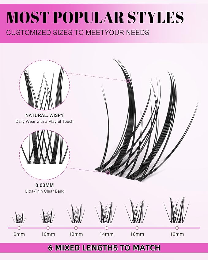 Aphrodite Lash Clusters Wispy Natural 8-18mm Eyelash Clusters Extension Kit - WideSpan DIY False Lash Extensions Spiky Lashes Individual Lashes with Ultra-Thin Invisible Wide Lash Band