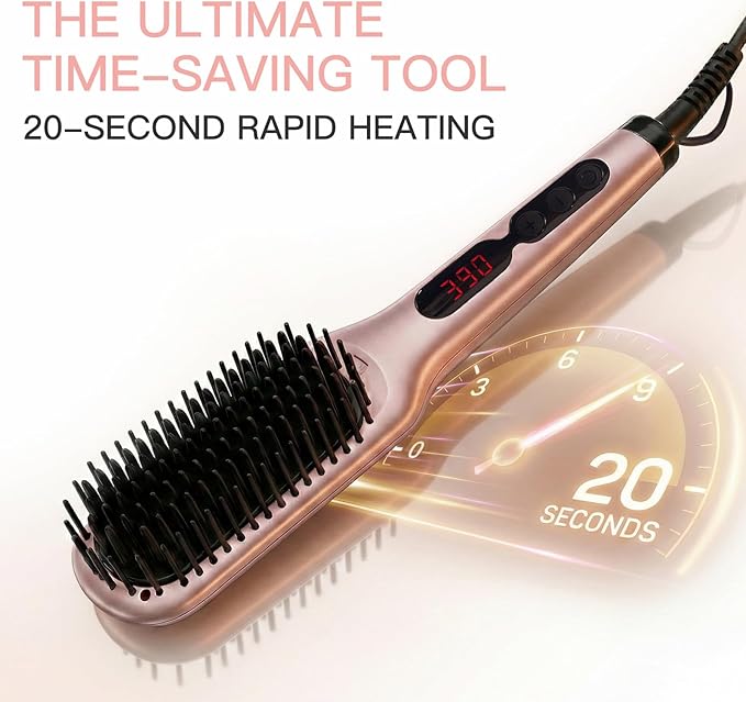 MEGAWISE Hair Straightener Ceramic Brush – Flat Iron Hot Brush, Anti-Scald, Dual Voltage, Rotatable Cord, Auto Shutoff, Anti-Frizz – for All Hair Types (Pink)