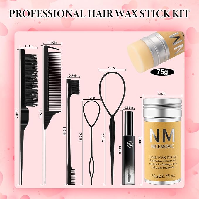 Slick Back Hair Brush Wax Stick Set for Flyaways Stocking Stuffers for Kids Women Christmas/Birthday Gifts Hair Accessories for Women Girl Teen Girls Trendy Stuff, Hair Styling Tools Baby Hairs Gel