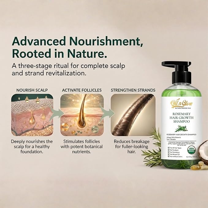 USDA Organic Rosemary Shampoo For Hair Growth For Thickening & Strengthening for Men & Women with Biotin, Scalp DHT Blocker Saw Palmetto For Thinning Hair Loss 10 Fl. Oz- Fragrance Free