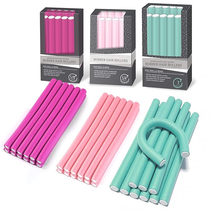 My Beauty Spot Flexi Rods Foam Hair Rollers 7/8" Diameter Professional Salon Quality 12 Pcs Rubber Hair Rollers for Long, Medium and Short Hair (Grey)