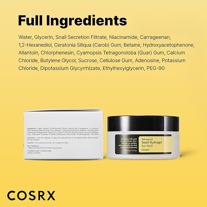 COSRX Advanced Snail Mucin Hydrogel Eye Patch for Fine Lines & Dry Under Eyes, Gel Serum Mask, Hydrating Under Eye Patches (60), Snail Eye Patches, Korean Skin Care