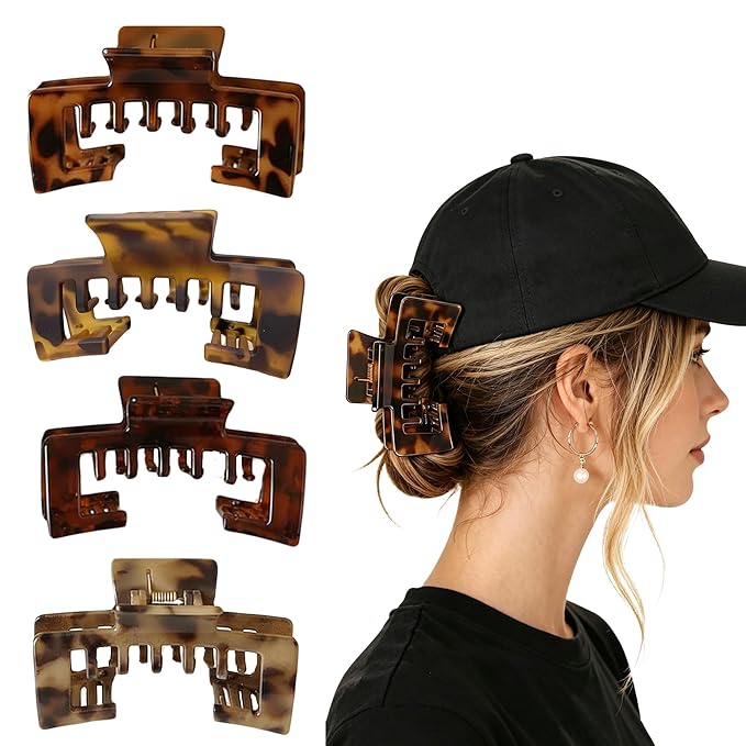 4PCS Hat Claw Clip for Women Large Tortoise Claw Clip for Long Thick Thin Hair Styling Trucker Hat Hair Claw Clips, While Exercising As Baseball Cap Decoration