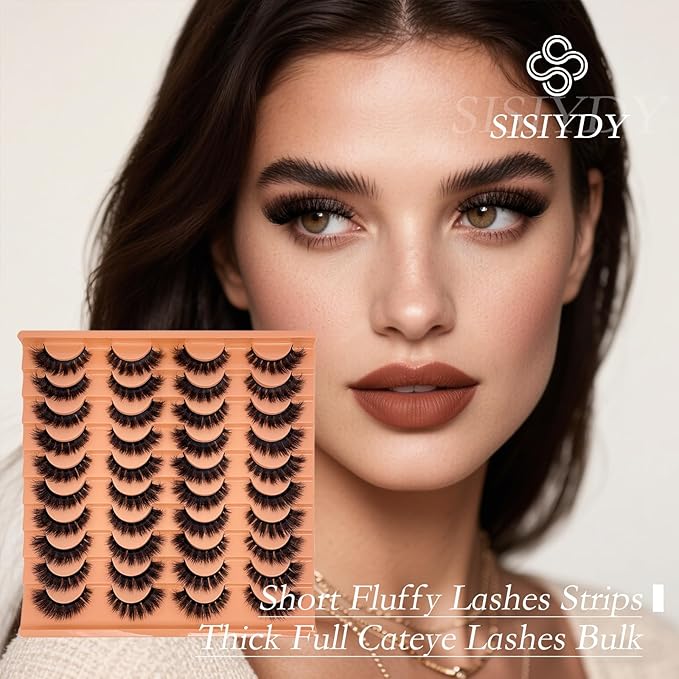 Fluffy Lashes Mink 3D Cat Eye Dramatic Thick Volume EyeLashes Wispy 16mm Full Lash Strips Faux Mink Eye Lashes C Curl Short Cat Eyelahses Pack YH302
