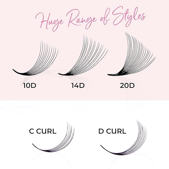 One V Salon, 1000 Loose Professional Use Premade Fans Eyelash Extensions, C Curl Volume Lashes,14D 20D 10D-0.07 Thickness, 9-16mm Fluffy Handmade Fan Mixed Tray