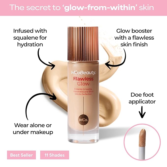 MCoBeauty Flawless Glow Luminous Skin Filter - 2 Fair - 4-in-1 Primer, Highlighter & Foundation Booster - Dewy Illuminating Tint Face Makeup with Squalane Vitamin E - Vegan & Cruelty Free