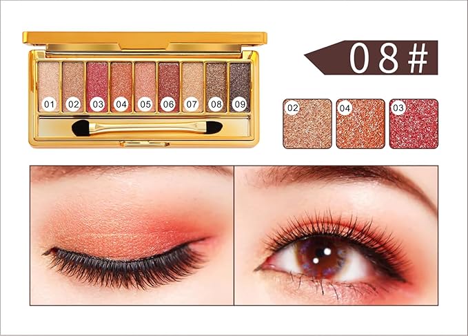 Glitter Eyeshadow Palette, 9 Colors Sparkle Shimmer and Matte Eye Shadow, Highly Pigmented Waterproof Long Lasting Makeup Set (Color 8)