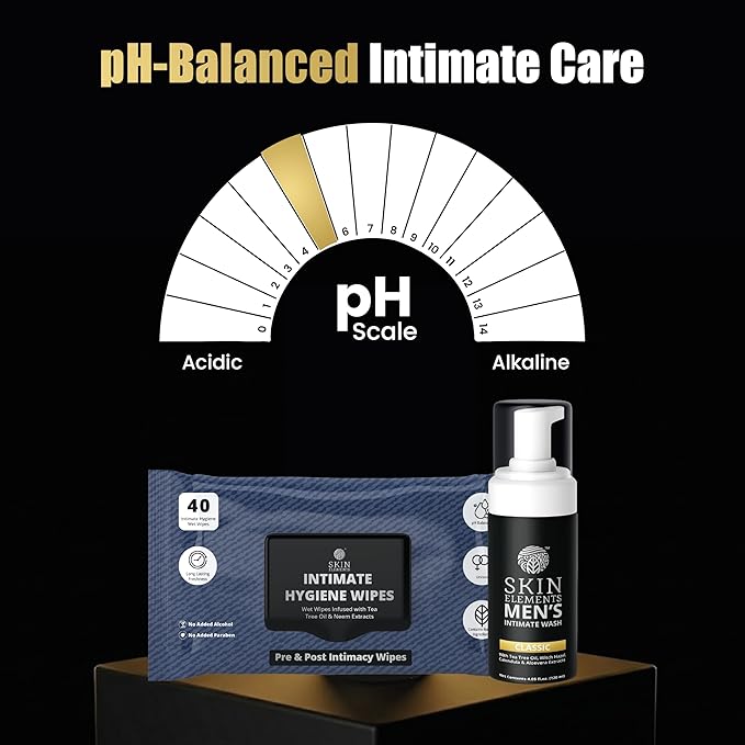 Skin Elements Intimate Hygiene Combo| Intimate Wash Men 120 ml+Intimate Wipes 30 Individual Sachets With Tea Tree & Neem Extracts - pH Balanced Foaming Wash Prevents Irritation & Bad Odor