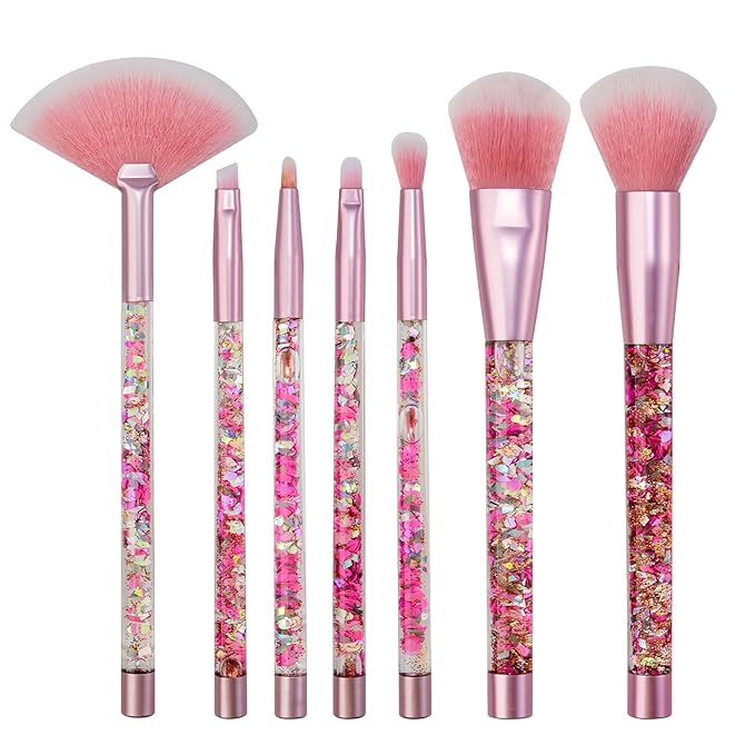 Makeup Brushes Set for Girls, Pink Liquid Flows 7PCS Foundation Fan Powder Blush Lip Eye Shadow Eyebrow Eye Blender Brush Set for Girls Teen Kids as Gift Present