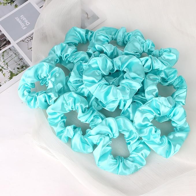 Silk Satin Scrunchies for Women Girls 12 PCS Lake Blue Hair Scrunchies Silk Satin Hair Ties for Thick Hair Bulk Hair Ties Hair Accessories