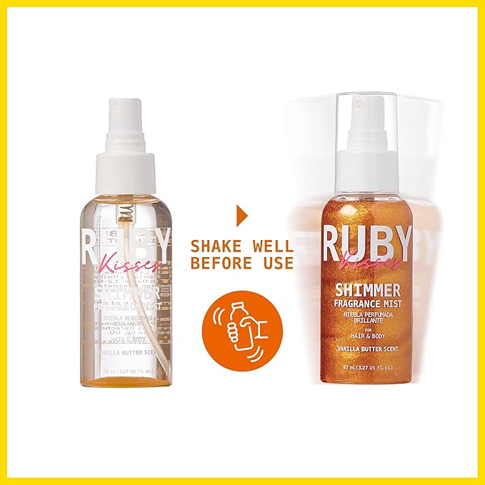 Ruby Kisses Shimmer Fragrance Body and Hair Mist Spray, Vanilla Glitter Body Perfume Spray, Skin Perfume, Liquid Illuminator Highlighter for Skin (ROSE GOLD)