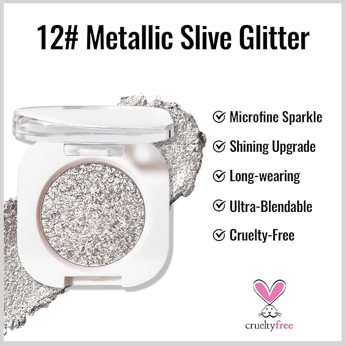 Erinde Silver Glitter Shimmer Single Eyeshadow, Metallic Glow Glitter Cream Eye Shadow, Monochrome Eyeshadow Palette Makeup, Waterproof Sombras para Ojos, Vegan & Cruelty-Free, 12