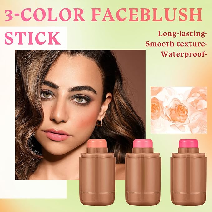 3PCS Blush Stick for Cheeks,Multi-use Solid Matte Makeup Stick Blush Cream for Cheek Eyes and Lips Tint,Moisturizing Tinted Cream Blush,Natural Blendable Cheek Blusher with 3 Makeup Sponges A1
