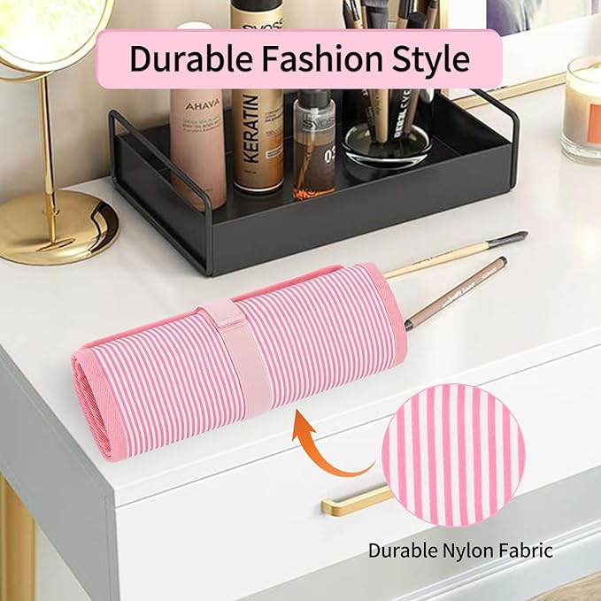 OCHEAL Makeup Brush Holder, Pink Stripes Makeup Brush Organizer,Travel Makeup Brushes Bag Cosmetic Bags Pouch for Women Cosmetic Brushes Makeup Artist -Brushes Not included