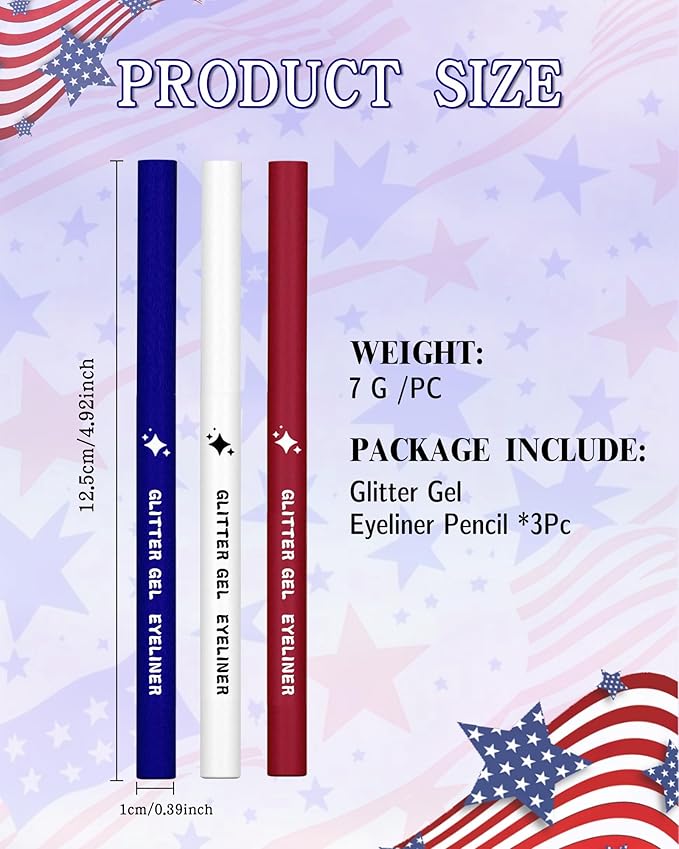 3 PCS Glitter White Red Blue Eyeliner Pencil Set, 4th of July Gel Eyeliner Pencil kit, Waterproof & Smudge-proof Waterline Eye Liner Pen Beauty Makeup for Women, Girls, Daily, Party, Independence Day
