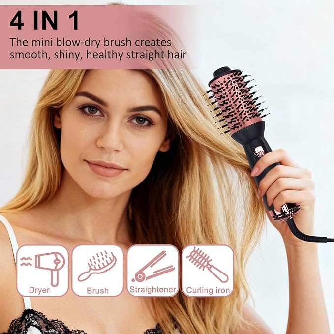Dual Voltage Travel Hair Dryer Brush, Small Portable Ionic Powerful Blow Dryer, Drying Straightening Curling in One Step, Suitable for Women & Kids with Long Hair