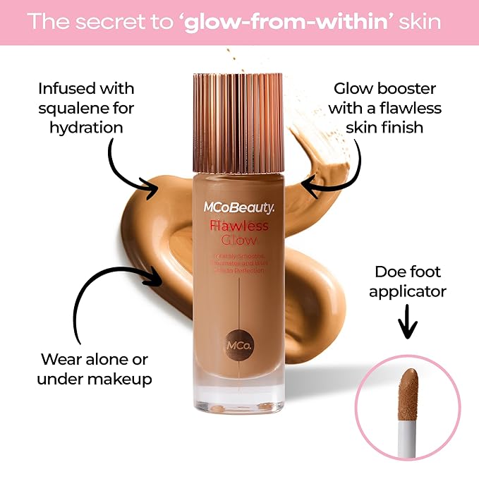 MCoBeauty Flawless Glow Luminous Skin Filter - 6.5 Natural Honey - 4-in-1 Primer, Highlighter & Foundation Booster - Dewy Illuminating Tint Face Makeup with Squalane Vitamin E - Vegan & Cruelty Free