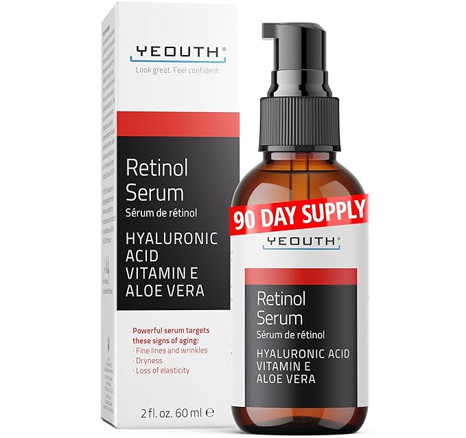 YEOUTH Retinol Serum for Face with Hyaluronic Acid, Vitamin E, and Aloe Vera, Retinol Skin Booster for Women and Men, Gentle Facial Skincare for Smoother-Looking Skin 2 oz