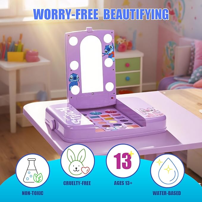 Disney Stitch Beauty Vanity Set with Light-Up Mirror, Includes Lip Gloss, Eyeshadow, Blush, Brushes, Nail Polish, Accessories, Batteries Not Included, Ages 13+, for Gift-Giving, by Townley Girl