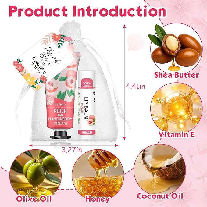 VESPRO 10 Pack Bulk Hand Cream and Lip Balm Sets, Mothers Day Gifts for Mom, Teacher Appreciation Gifts, Nurses Week Gifts, Thank You Gifts and Birthday Gifts with Thank Card Organza Bags