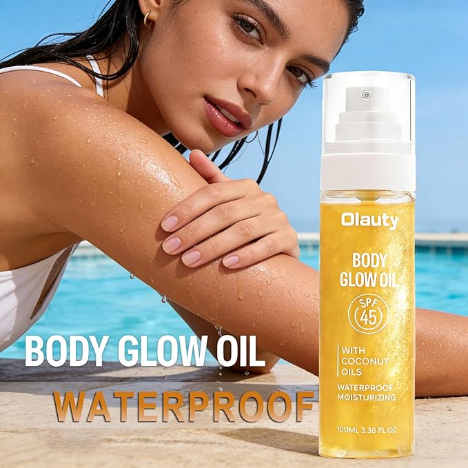 Sunscreen Body Glow Oil,Broad Spectrum SPF 45,Glitter Shimmer Body Oil with Gold Mica,Moisturizing Coconut Oils,Waterproof Non Sticky Sun-kissed Skin Moisturizer Beach Travel Essentials (#01 Gold)