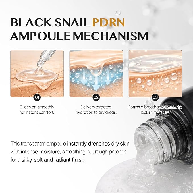 CLIV Black Snail PDRN Ampoule - 65% Snail Secretion Filtrate & Sodium DNA Facial Serum - Hydrating Collagen for Elasticity & Moisture - Korean Skincare for Dry & Sensitive Skin, 1.01 fl oz (30ml)