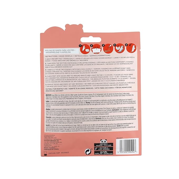 Oh K! Foot Peel Mask - Watermelon - Foot Peeling Mask for Dry Feet and Cracked Heels - Feet Exfoliant with Pomegranate and Coconut Oil - 1 Pair (Pack of 2)