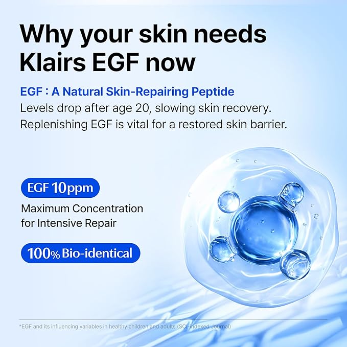 DearKlairs Korean EGF Serum – Blue Youth Activating Drop with EGF Peptides and Guaiazulene, Repairing Serum for Redness and Blemish-prone Skin, Visibly Fades Post-Blemish Marks, 0.33 Fl Oz