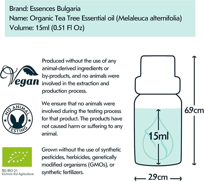 Essences Bulgaria Organic Tea Tree Essential Oil 0.51Fl Oz 15ml Melaleuca Alternifolia - 100% Pure and Natural Undiluted for Toenail Fungus, Dandruff Itchy Scalp Acne Skincare Aromatherapy Diffuser