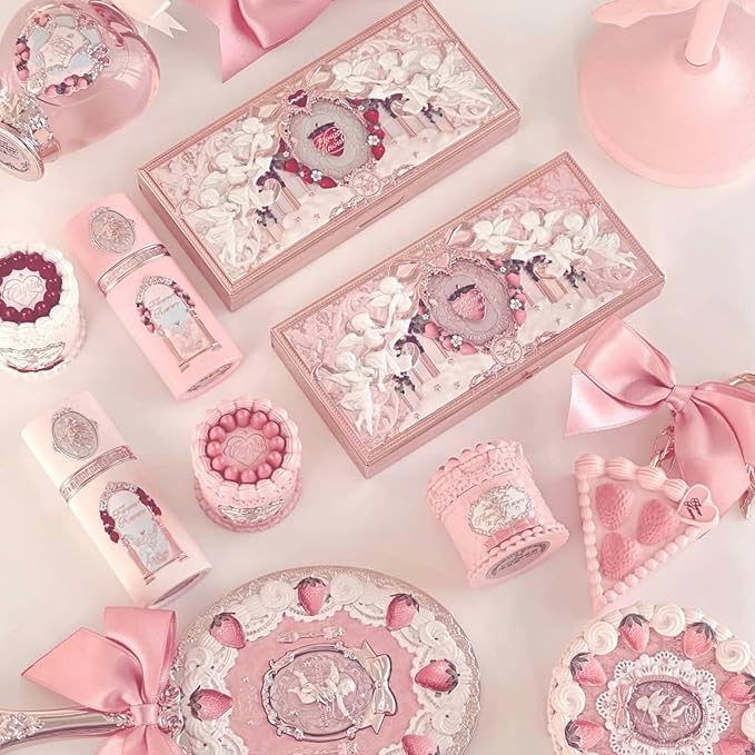 Flower Knows Cake Charm Set,Strawberry Cupid 12-Piece Makeup Gift Box Set,Lip Cream+Liquid Blush+Makeup Palette+Hand Mirror+Solid Perfume+Hair Clip+Cushion Powder Puff+Eyeshadow Brush+Gift Box