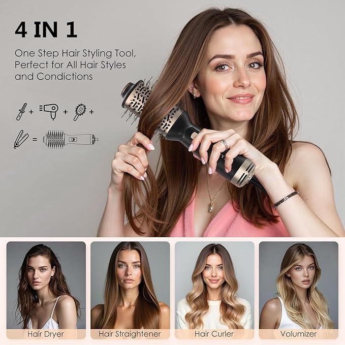Travel Blow Dryer Brush, 4-in-1 Auto Dual Voltage (120-240V) Hot Air Brush, 2 Inch Mini Hair Dryer Brush & Styler for Voluminous Smooth Hair, Lightweight with EU/UK Plug for Home & Salon(Gold)